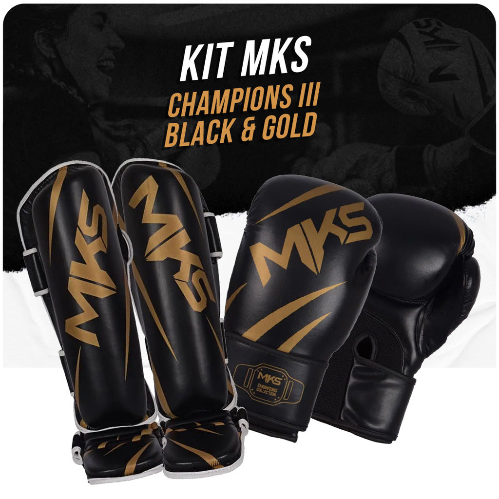 Kit Caneleira e Luva de Muay Thai Preto e Dourado