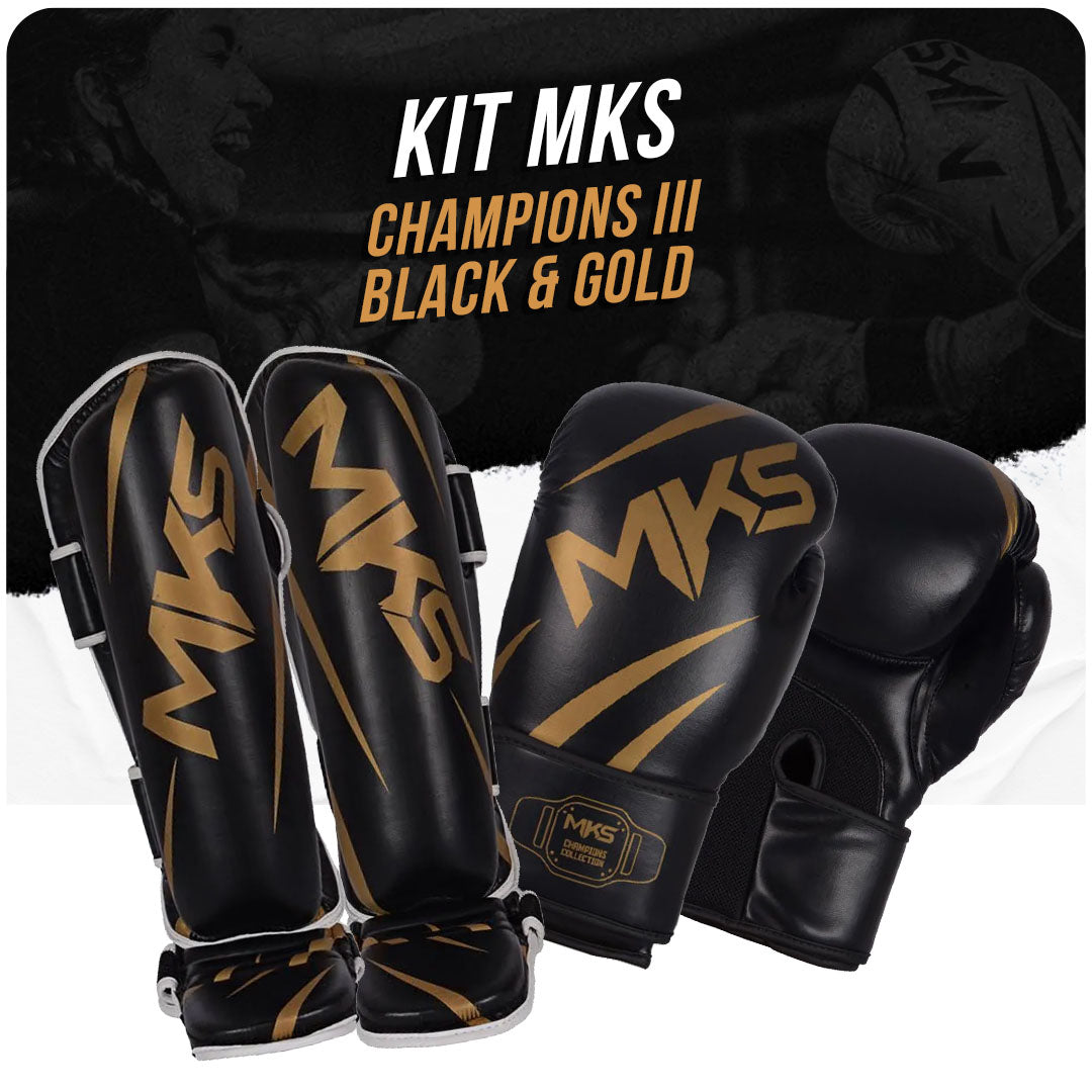 Kit Caneleira e Luva de Muay Thai Preto e Dourado