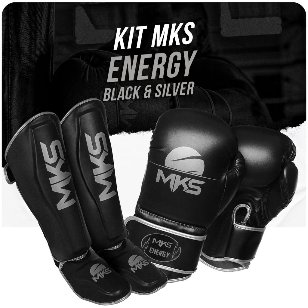 Kit Caneleira e Luva de Muay Thai Preto e Cinza MKS